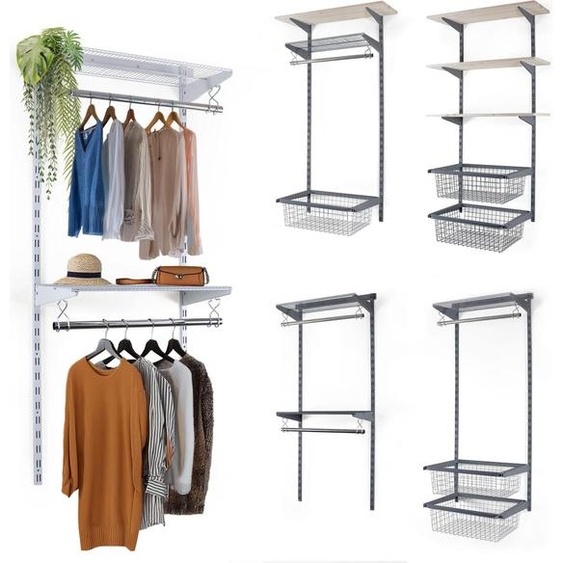 BOOMET Penderie accessible - Rail - avec étagère en fil métallique blanc - Système détagères flexible pour dressing Wardrobe - Portemanteau étagère murale
