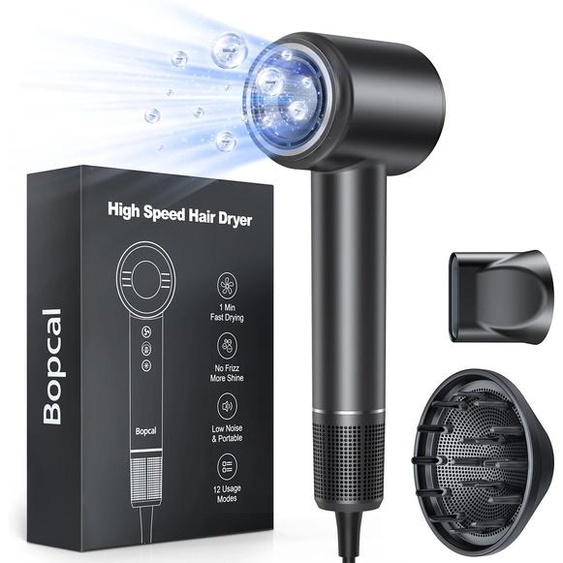 BOPCAL Sèche-cheveux à grande vitesse avec diffuseur 120000 Sèche-cheveux à ions négatifs secs plus rapides, vitesse du vent 40 m/s 3X, pour maison, voyage, hôtel