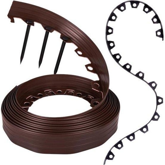 Bordure de jardin en plastique – résistante aux intempéries, arrondie, pour parterres de fleurs, marron, 10 m, piquets, 5 cm de hauteur, pour tondeuses robotisées