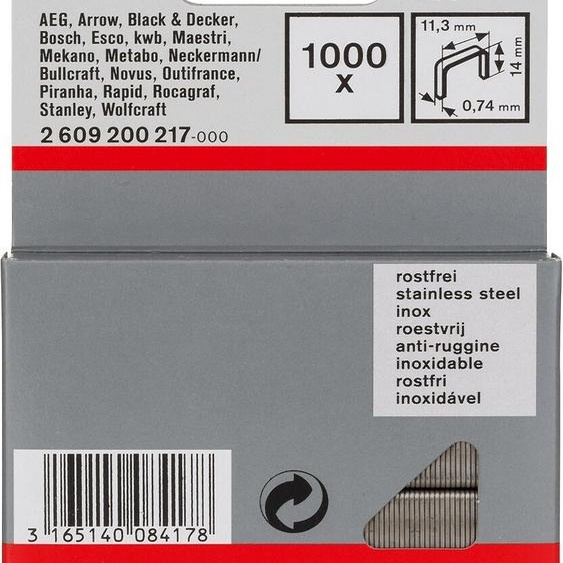 Bosch 1.000x agrafes à fil fin type 53, 11,4 x 0,74 x 14 mm en acier inoxydable - 2609200217