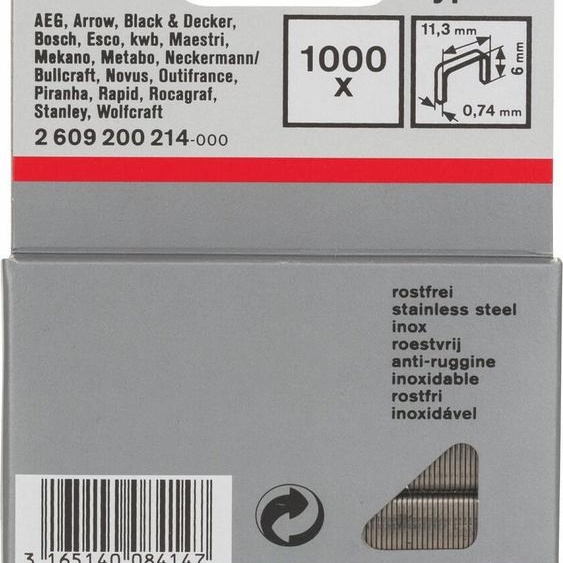 Bosch 1.000x agrafes à fil fin type 53, 11,4 x 0,74 x 6 mm en acier inoxydable -2609200214