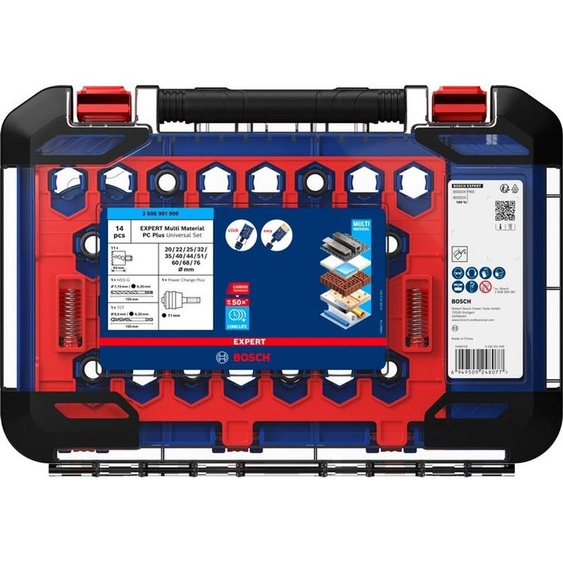 Bosch 14x Set universel de Scies de couronne EXPERT Multi Material PC Plus (pour bois avec métal, tuiles, Ø 20, 22, 25, 32, 32, 35, 35, 40, 44, 51, 60, 68, 76 mm, Accessoires professionnels Perçage)