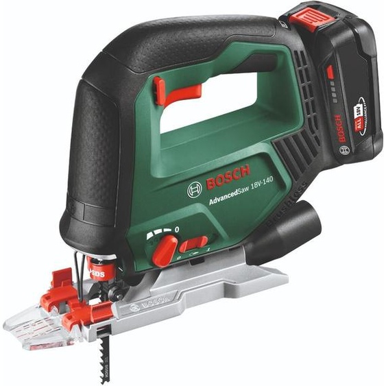 Bosch AdvancedSaw 18V-140 scie pendulaire, batterie 2 Ah, chargeur, profondeur de coupe 140 mm dans le bois, noir/vert