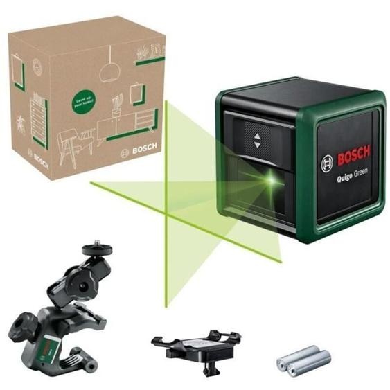 Bosch - Laser lignes croisées Quigo Green avec pince universelle mm 2 (laser vert pour une meilleure visibilité, boîtier en plastique recyclé, dans