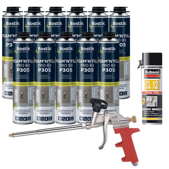 Bostik - Pack 11 Mousses expansives pu pistolable P305 FoamnFill 750ml + Nettoyant mousse pu CL12 500ml + Pistolet manuel