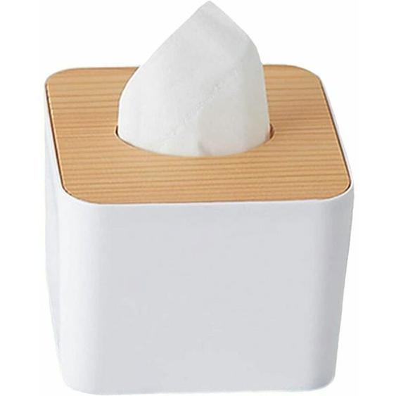 Bote Mouchoirs en Plastique Carre Bote Serviettes avec Couvercle en Bois 11x11x85cm pour Maison Blanc PZCC