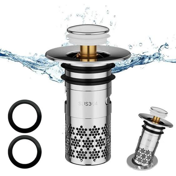 Bouchon de lavabo inox Pop up universel avec filtre net pour baignoire, cuisine, et lavabo (33-40mm)