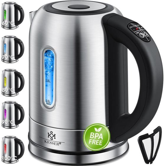Bouilloire en acier inoxydable 1.7 litre 2200W Sélection de la température Maintien au chaud Argent - Kesser