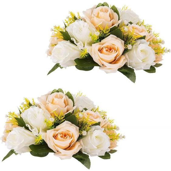 Bouquet de fleurs artificielles - AQSACOKIYA - 2 pièces - Rose en soie - Champagne & Blanc - Décoration élégante