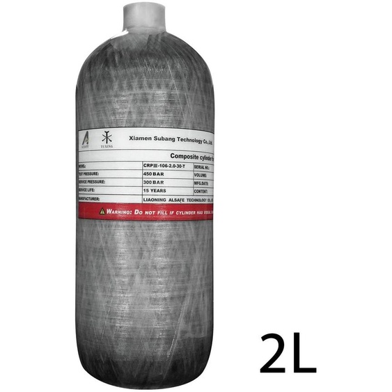 Bouteille en fibre de carbone pour air comprimé, 2 litres - Réservoir haute pression, 300 bars - Fibre de carbone avec revêtement en aluminium - Filetage M18x1,5 - Longueur 33 cm, diamètre 11,5 cm - Poids 1,6 kg - Adaptée pour la plongée et les systèmes