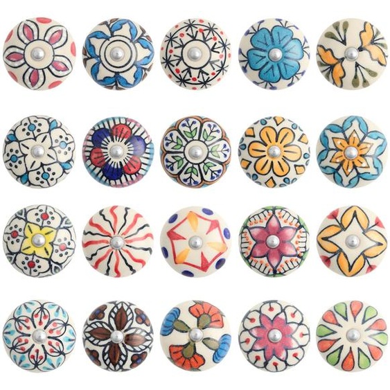 Boutons de porte en céramique, peints à la main, lot de 20, forme ronde, multicolores, style vintage