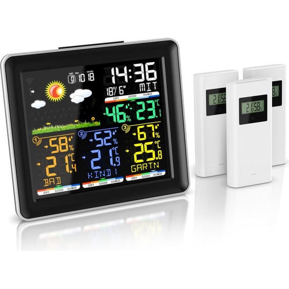 Brandson Station météo radio avec capteur extérieur, station météo radio, écran couleur, capteur radio/extérieur sans fil, horloge radio DCF, pression atmosphérique, prévisions météo, baromètre, réveil, alarme, snooze