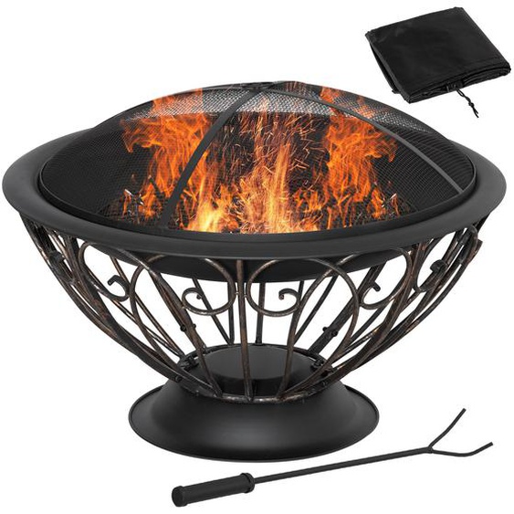Brasero boule de feu cheminée foyer extérieur Ø 76 x 50H cm grille à charbon couvercle tisonnier housse métal noir bronze