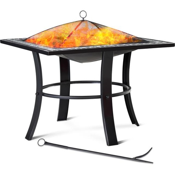 Brasero carré Runedak 76 cm acier laqué pierres mosaïque accessoires couvercle jardin terrasse feu bois charbon briquette barbecue