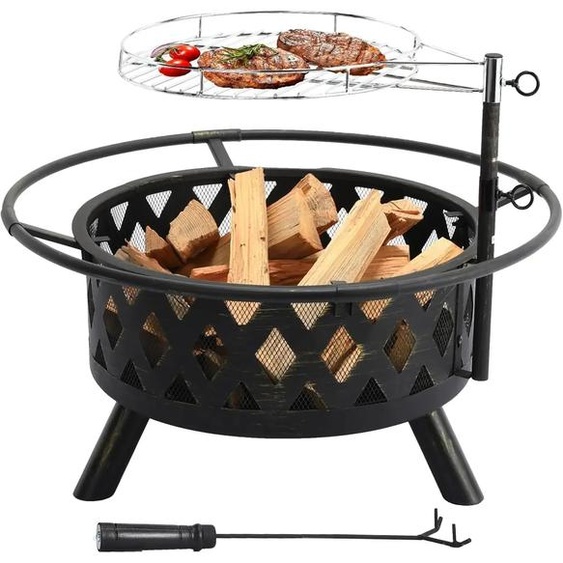 Brasero de jardin avec grille de barbecue - Bol à feu pour terrasse - Grille de barbecue à hauteur réglable - Protection contre les étincelles - Fonte - Pour barbecue au charbon de bois - Facile à nettoyer