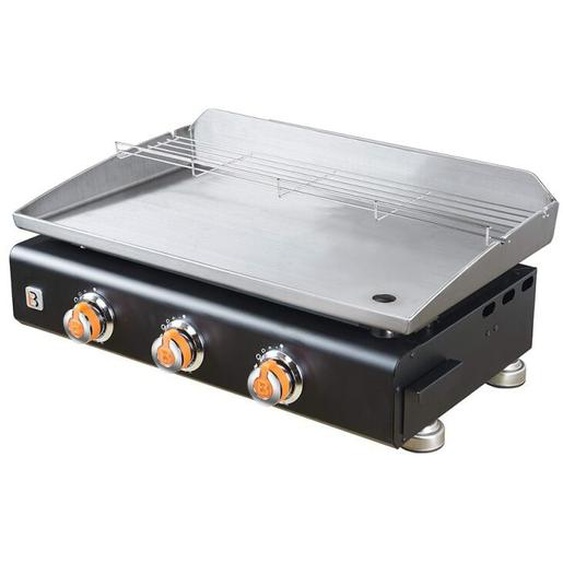 Brasero - Plancha Silvia ii g Noir 3 feux Surface cuisson 67 x 34 cm - 3 brûleurs - Plaque Inox - Grille de réchauffement - Piezo intégré - Tiroir