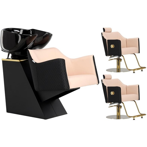 Brilia Ensemble noir, bac de lavage de coiffure et 2 fauteuils de coiffure hydrauliques pivotants, repose-pieds pour salon de coiffure, laveuse mobile, cuve en céramique, robinetterie, douchette.