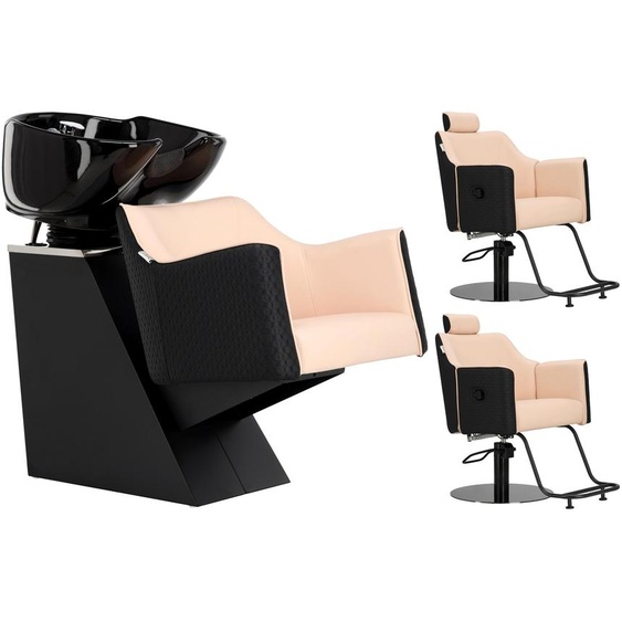 Brilia Ensemble noir, bac de lavage de coiffure et 2 fauteuils de coiffure hydrauliques pivotants, repose-pieds pour salon de coiffure, laveuse mobile, cuve en céramique, robinetterie, douchette.