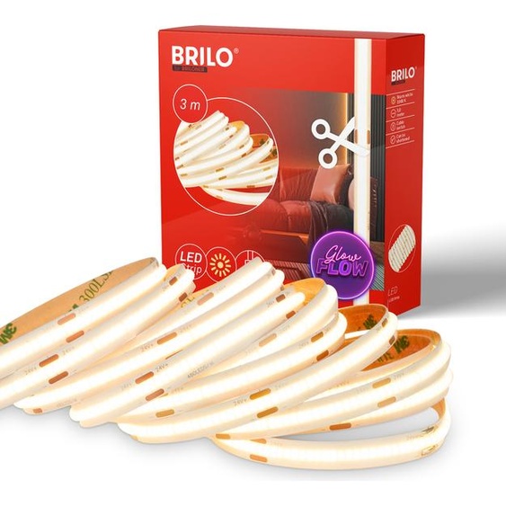 Briloner COB LED Strip 3m, lumière blanche chaude, autocollant, peut être raccourci, dimmable, blanc, 3m