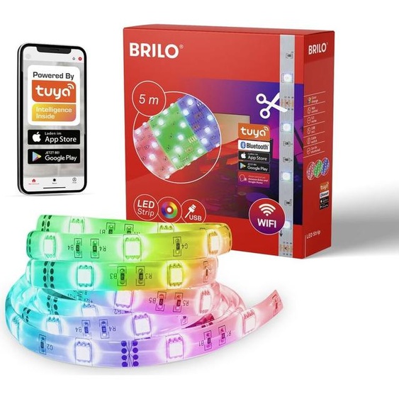 BRILONER - RGB LED Strip 5m, Bande LED intelligente à raccourcir, contrôle par app, capteur de musique, contrôle par la voix, Bande LED, Bande LED à contrôle musical