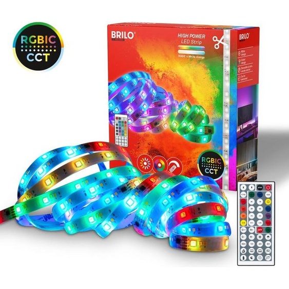Briloner Ruban LED 5m, RGB IC changement de couleur dynamique, CCT, télécommande, dimmable, Smart, autocollant, blanc, 500 x 1 cm