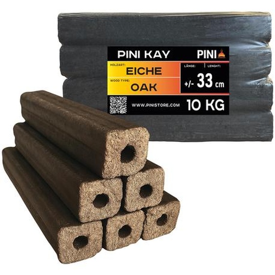 Briquettes de chêne PINI Kay 33 cm de long carrées avec trou de tirage 10 kg de briquettes de bois dur Briquettes de bois de chauffage Chêne Cheminée Poêle Foyer Barbecue