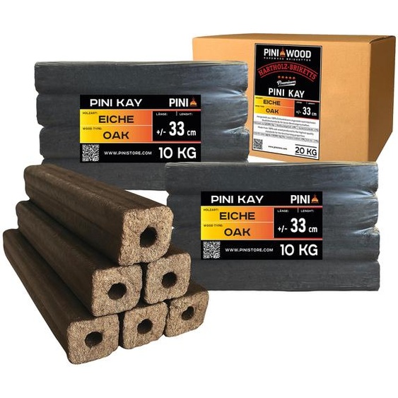 Briquettes de chêne PINI Kay 33 cm de long carrées avec trou de tirage 20 kg de briquettes de bois dur Briquettes de bois de chauffage Chêne Cheminée Poêle Foyer Barbecue
