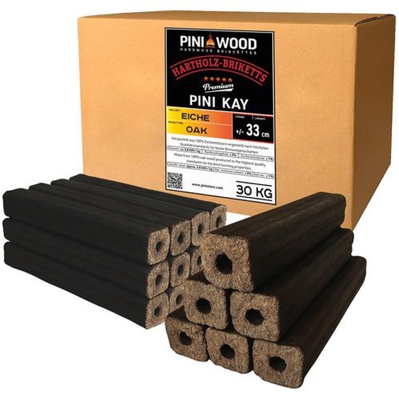 Briquettes de chêne PINI Kay 33 cm de long carrées avec trou de tirage 30 kg de briquettes de bois dur Briquettes de bois de chauffage Chêne Cheminée Poêle Foyer Barbecue