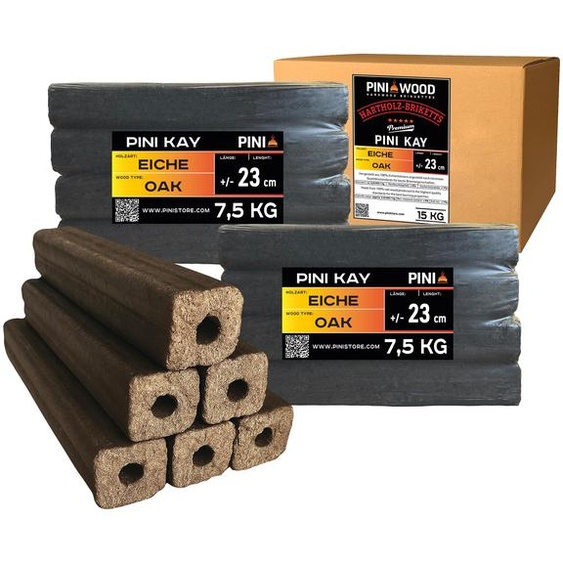 Briquettes de chêne PINI Kay de 23 cm de long carrées avec trou de tirage 15 kg de briquettes de bois dur Briquettes de bois de chauffage Chêne Cheminée Poêle Foyer Barbecue