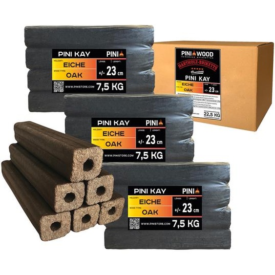 Briquettes de chêne PINI Kay de 23 cm de long carrées avec trou de tirage 22,5 kg de briquettes de bois dur Briquettes de bois de chauffage Chêne Cheminée Poêle Foyer Barbecue