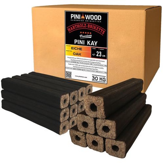 Briquettes de chêne PINI Kay de 23 cm de long carrées avec trou de tirage 30 kg de briquettes de bois dur Briquettes de bois de chauffage Chêne Cheminée Poêle Foyer Barbecue