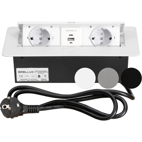 BROLLUX Prise encastrable escamotable double avec USB et USBC blanche à ouverture douce Aluminium moulé sous pression Câble de raccordement de 1,5 m Prise