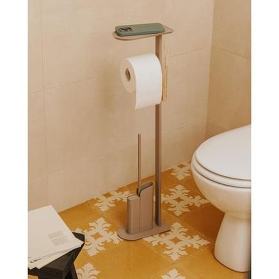 Brosse Wc Silicone Et Derouleur Papier. Beige Mat Et Brillant. Forme Compacte. Collection Flat