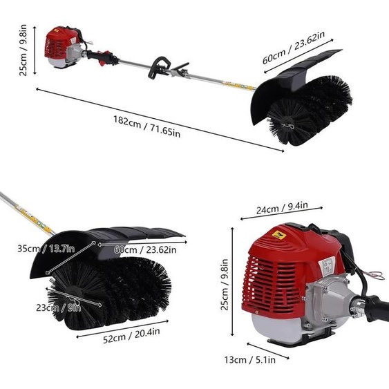 Brouette à moteur pour neige, allée, gazon synthétique - 52cc, machine à balayer pour jardin, essence - moteur 2 temps, 1 cylindre - 2,3 chevaux - largeur des brosses : 58 cm - couleur : noir