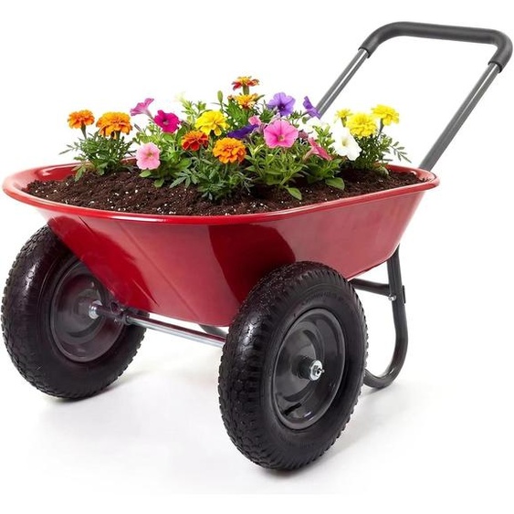Brouette de jardin - Brouette robuste à double roue - Châssis en fer - Chariot de transport avec support - Pour la cour et la pelouse - Rouge