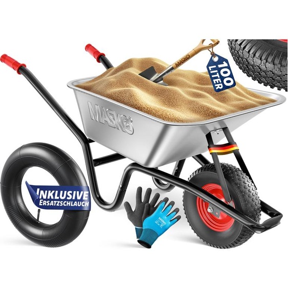 Brouette MASKO® pour le chantier, équipée de pneus, dune capacité de 100 litres et pouvant supporter jusquà 250 kg