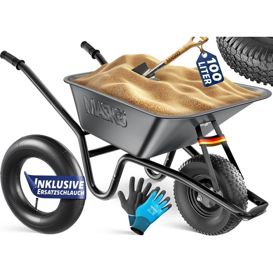 Brouette MASKO® pour le chantier, équipée de pneus, dune capacité de 100 litres et pouvant supporter jusquà 250 kg