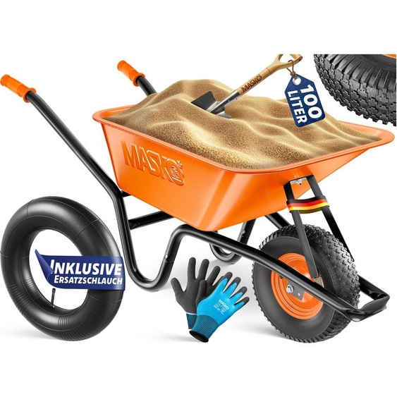 Brouette MASKO® pour le chantier, équipée de pneus, dune capacité de 100 litres et pouvant supporter jusquà 250 kg