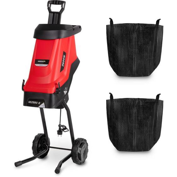Broyeur électrique, puissance 2600W, capacité de coupe 45mm, grande trémie, 2 sacs de collecte de 45l, roues et poignée pour le transport – Greencut