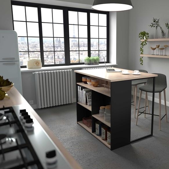 Brunch Central Island -Reproduction chêne et noir - 5 espaces de stockage - Modulaire - L 109,4 x P 79,7 x H 89,8 cm