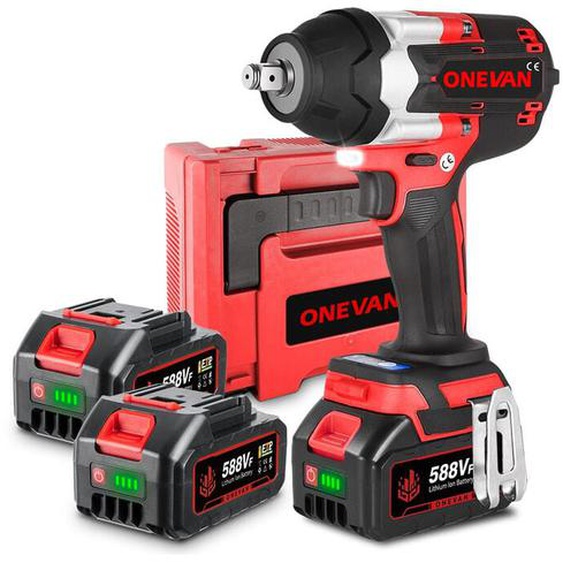 1800Nm Clé à Chocs Sans Fil Brushless,3 vitesses,1/2  Boulonneuse a Choc avec 2x588VF Batterie - coffret de transport - rouge - Onevan
