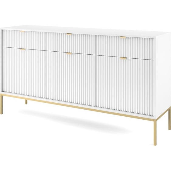 Buffet 150 cm Galla - Commode trois portes avec tiroirs - Pieds, façades cannelées & poignées dorées (blanc + or)