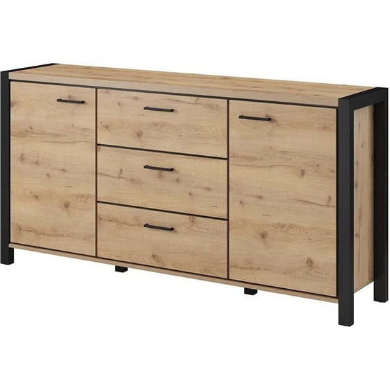 Buffet 180cm collection TIVORA 2 portes, 3 tiroirs. Couleur chêne et noir