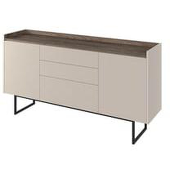 Buffet 2 portes 166 cm LOUNA beige et effet bois avec tasseaux et LED