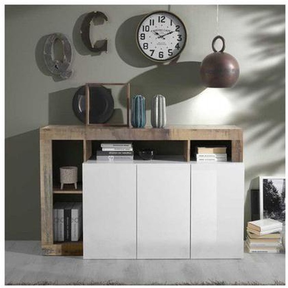 Buffet 3 portes Blanc laqué brillant/Bois fumé - ISCHIA - L 146 x l 42 x H 93