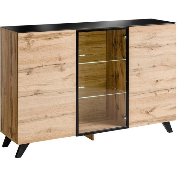 Buffet 3 portes TINO avec LED – Chêne clair et noir – Style scandinave moderne