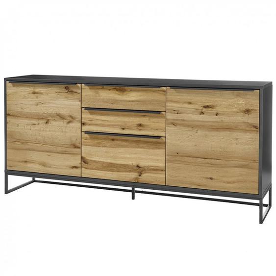 Buffet ABOU 2 portes 3 tiroirs plaqué chêne, structure laqué gris anthracite