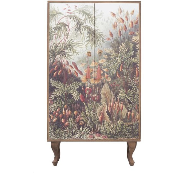 Buffet armoire en pin massif imprimé floral sur fond marron.