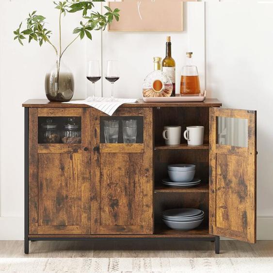Buffet, avec Placard 3 Portes, 100 x 35 x 75 cm, Meuble de Rangement pour Salle à Manger, Cadre en Acier, Style Industriel, Marron Rustique et Noir