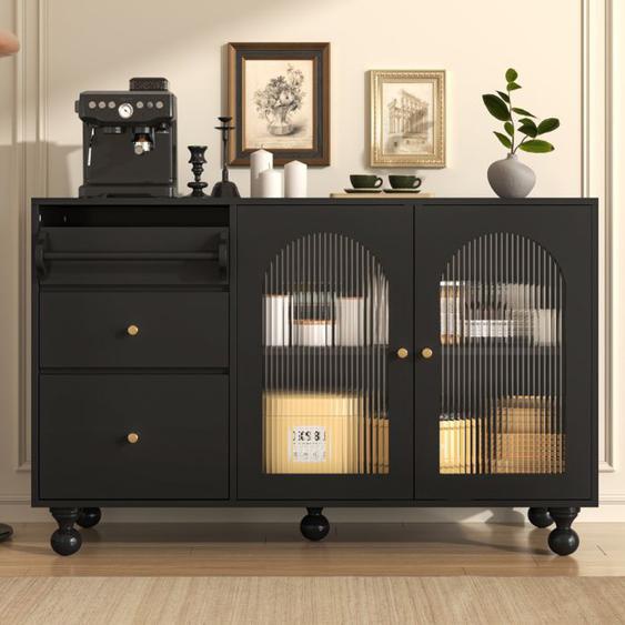 Buffet Avec Porte En Verre Changhong Et Porte-serviettes, Commode Élégante Armoire De Rangement Pour Salle À Manger Et Cuisine,